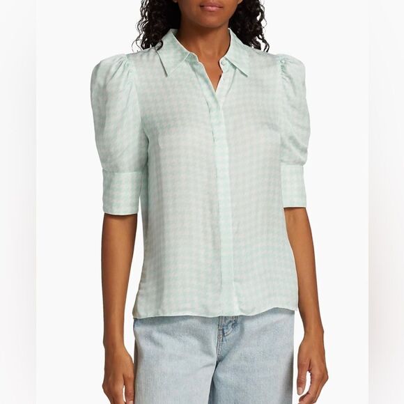 Alice + Olivia NWT Willa Houndstooth Puff Sleeve Silk Top in Julep Size L - Picture 6 of 11
